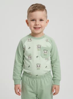 Baby Sage Green Panda Print Full Sleeve Top and Pajama Pants Set