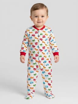 Baby Boys White Multi-Colour Vehicle Print Footed Sleepsuit