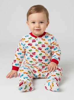 Baby Boys White Multi-Colour Vehicle Print Footed Sleepsuit