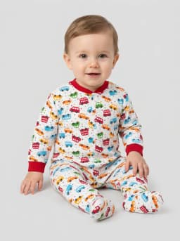 Baby Boys White Multi-Colour Vehicle Print Footed Sleepsuit