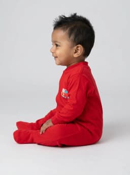Baby Red Long Sleeve Footed Sleepsuit with Cartoon Car Graphic