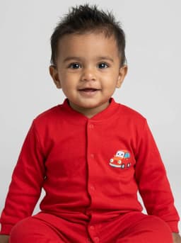 Baby Red Long Sleeve Footed Sleepsuit with Cartoon Car Graphic
