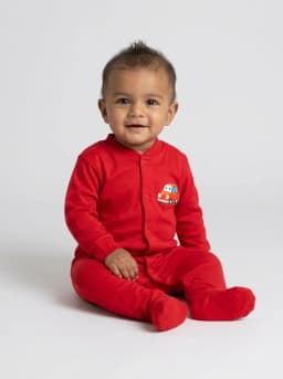 Baby Red Long Sleeve Footed Sleepsuit with Cartoon Car Graphic