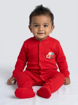 Baby Red Long Sleeve Footed Sleepsuit with Cartoon Car Graphic