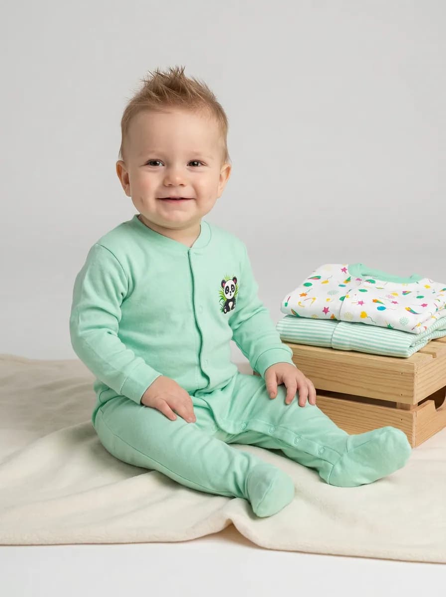 Baby Boys and Girls Mint Green and White Cotton Sleepsuits Pack of 3