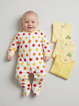 Pack of 3 Yellow and White Printed and Striped Footed Baby Sleepsuits