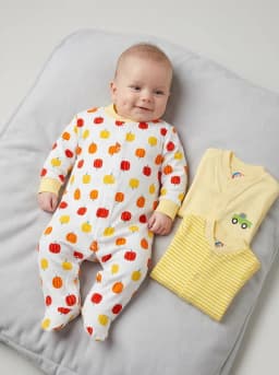 Pack of 3 Yellow and White Printed and Striped Footed Baby Sleepsuits