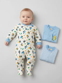 Baby Boys Pack of 3 Blue and White Footed Sleepsuits