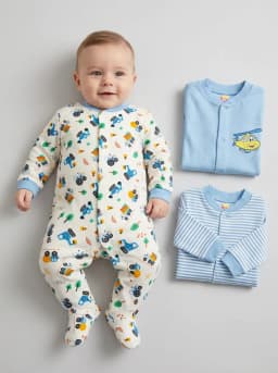 Baby Boys Pack of 3 Blue and White Footed Sleepsuits