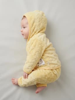 Baby Light Yellow Hooded Fleece Jacket and Pyjamas Set with Elephant Applique