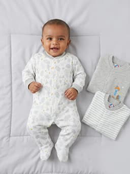 Baby Pack of 3 Grey and White Printed Footed Sleepsuits