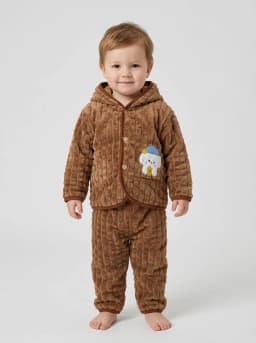Baby Boys and Girls Camel Brown Plush Fleece Hooded Jacket and Pyjama Set