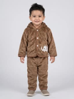 Baby Warm Brown Textured Fleece Hooded Jacket and Trousers Winter Set