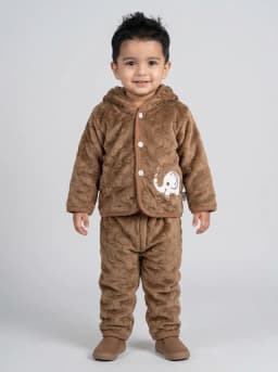 Baby Warm Brown Textured Fleece Hooded Jacket and Trousers Winter Set