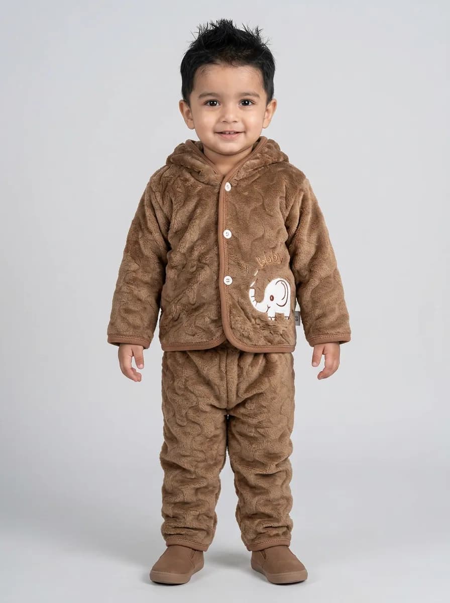 Baby Warm Brown Textured Fleece Hooded Jacket and Trousers Winter Set