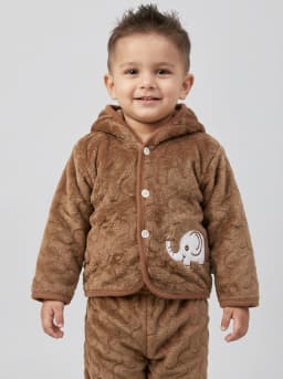 Baby Warm Brown Textured Fleece Hooded Jacket and Trousers Winter Set