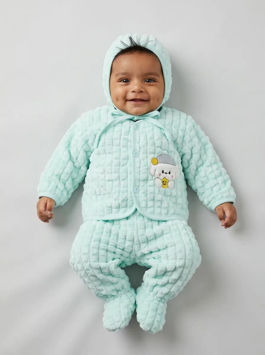 Baby Mint Green Textured Plush 5 Piece Winter Clothing Set