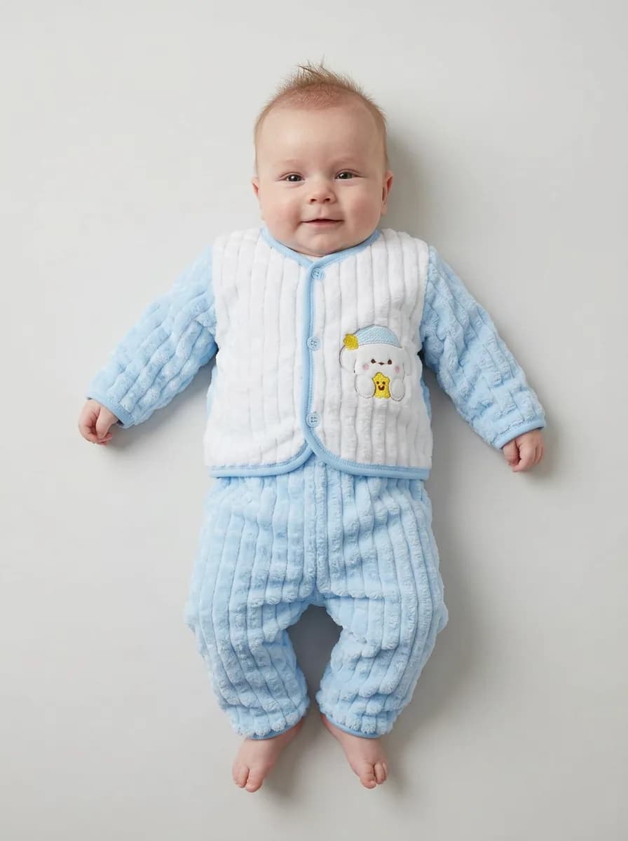Baby Boys and Girls Light Blue and White Plush Fleece Cardigan and Pyjama Set
