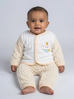 Infant White and Cream Fluffy Fleece Front-Open Top and Pyjama Set