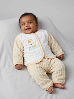 Infant White and Cream Fluffy Fleece Front-Open Top and Pyjama Set