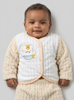 Infant White and Cream Fluffy Fleece Front-Open Top and Pyjama Set