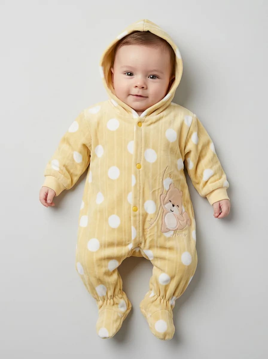 Baby Light Yellow Polka Dot Hooded Fleece Footed Romper