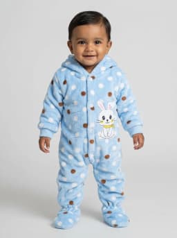 Baby Light Blue Polka Dot Hooded Fleece Romper with Bunny Patch
