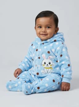 Baby Light Blue Polka Dot Hooded Fleece Romper with Bunny Patch