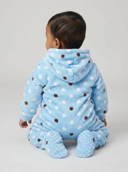 Baby Light Blue Polka Dot Hooded Fleece Romper with Bunny Patch