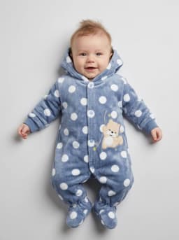 Baby Dusty Blue Polka Dot Hooded Fleece Romper with Teddy Patch
