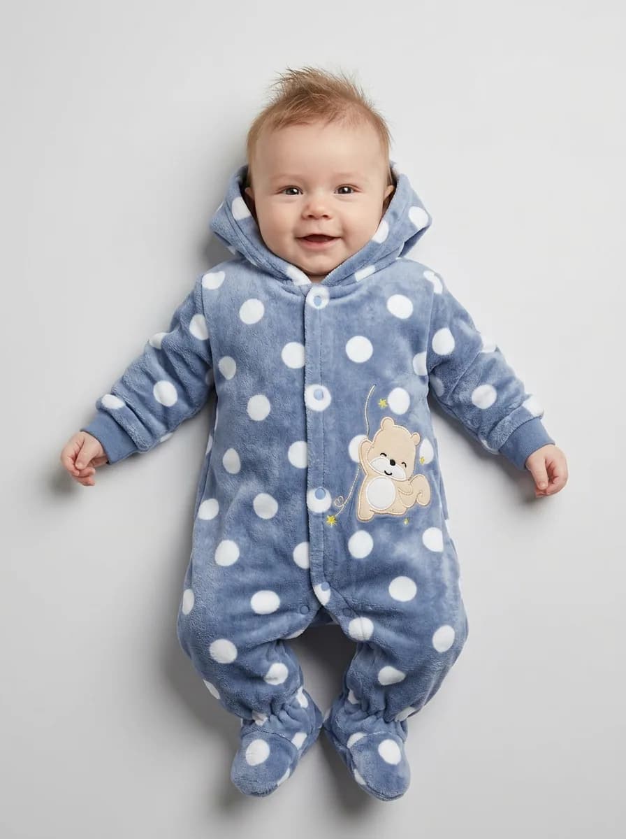 Baby Dusty Blue Polka Dot Hooded Fleece Romper with Teddy Patch
