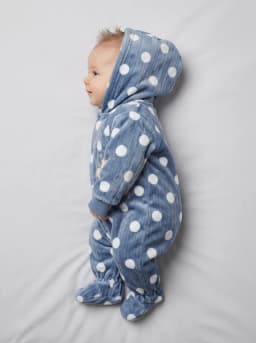 Baby Dusty Blue Polka Dot Hooded Fleece Romper with Teddy Patch