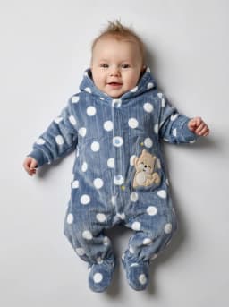 Baby Dusty Blue Polka Dot Hooded Fleece Romper with Teddy Patch