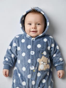 Baby Dusty Blue Polka Dot Hooded Fleece Romper with Teddy Patch