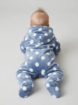 Baby Dusty Blue Polka Dot Hooded Fleece Romper with Teddy Patch
