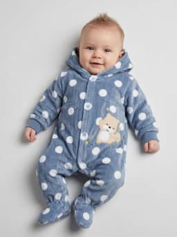 Baby Dusty Blue Polka Dot Hooded Fleece Romper with Teddy Patch