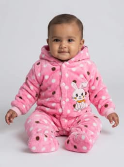 Baby Girls Pink Polka Dot Hooded Fleece Romper with Bunny Patch