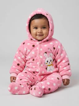 Baby Girls Pink Polka Dot Hooded Fleece Romper with Bunny Patch