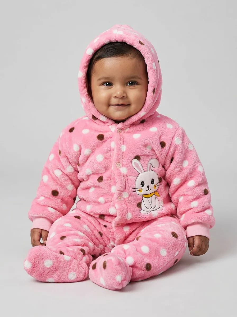 Baby Girls Pink Polka Dot Hooded Fleece Romper with Bunny Patch