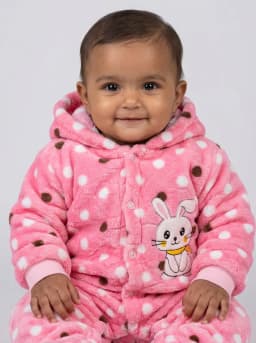 Baby Girls Pink Polka Dot Hooded Fleece Romper with Bunny Patch