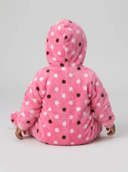 Baby Girls Pink Polka Dot Hooded Fleece Romper with Bunny Patch