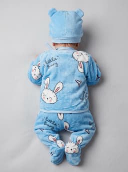 Baby Boys and Girls Sky Blue Bunny Print Fleece 6-Piece Clothing and Blanket Set
