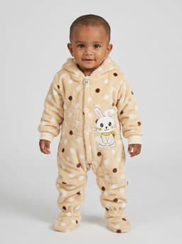 Baby Beige Polka Dot Fleece Hooded Footed Romper with Bunny Patch