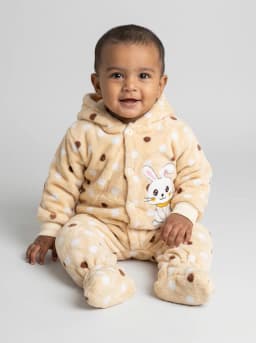 Baby Beige Polka Dot Fleece Hooded Footed Romper with Bunny Patch