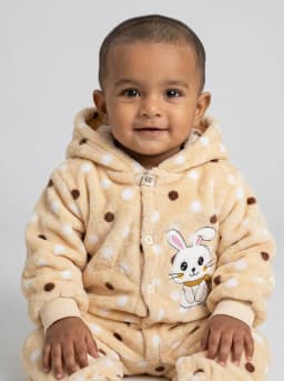Baby Beige Polka Dot Fleece Hooded Footed Romper with Bunny Patch