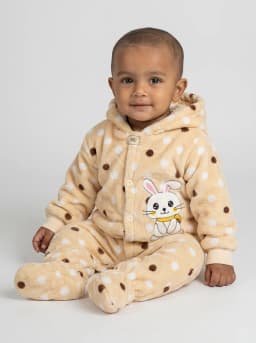 Baby Beige Polka Dot Fleece Hooded Footed Romper with Bunny Patch