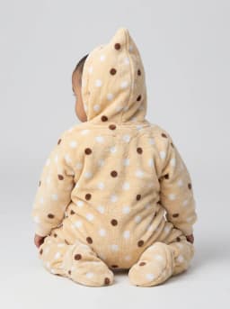 Baby Beige Polka Dot Fleece Hooded Footed Romper with Bunny Patch