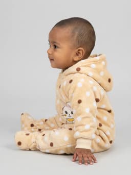 Baby Beige Polka Dot Fleece Hooded Footed Romper with Bunny Patch