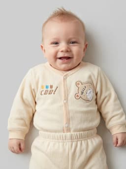 Unisex Baby Cream Ribbed Front-Snap Top and Pyjama Set