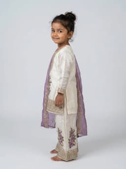 Girls Off-White Floral Kurta Sharara Set With Purple Dupatta